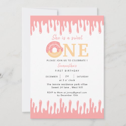 Sweet One Pink Donut  1st Birthday  Invitation