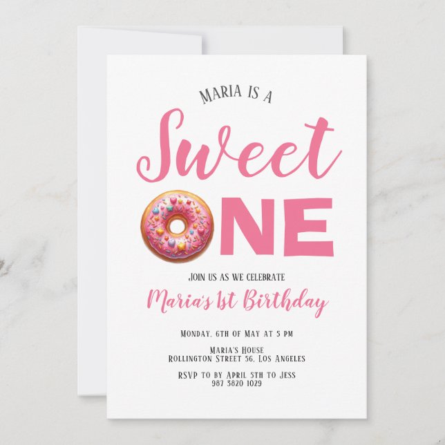 Sweet One Pink Donut 1st Birthday Invitation (Front)
