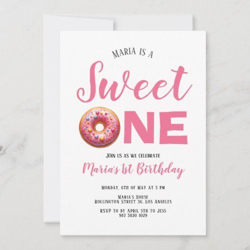Sweet One Pink Donut 1st Birthday Invitation