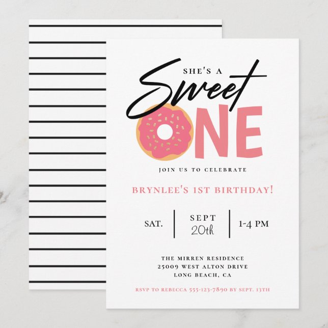 Sweet One Pink Donut 1st Birthday Party Invitation (Front/Back)