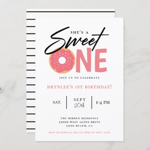 Sweet One Pink Donut 1st Birthday Party Invitation