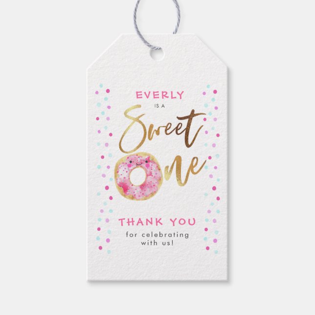 Sweet One Pink Donut Birthday Party Gift Tags (Front)