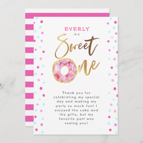 Sweet One Pink Donut Birthday Party Thank You Card