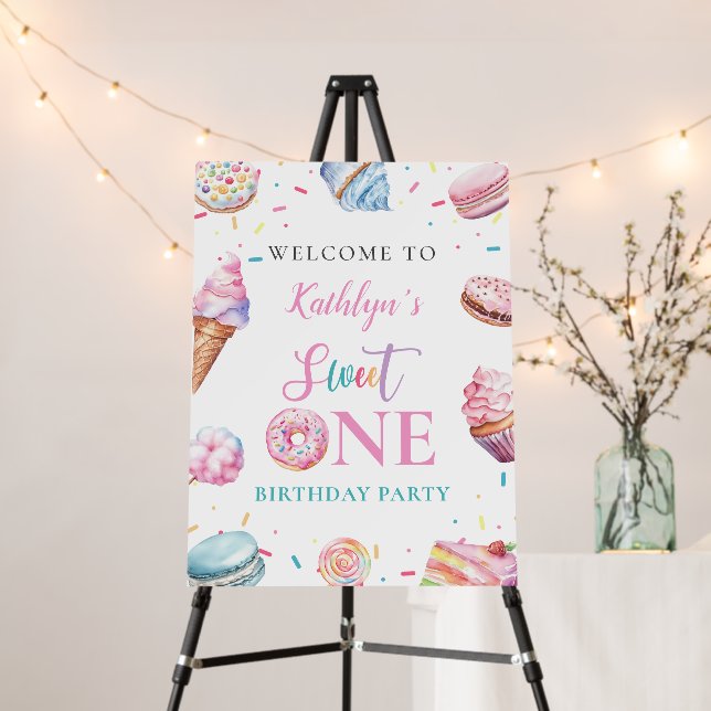 Sweet One Pink Donut Candy 1st Birthday Welcome Foam Board (In Situ (Stand))