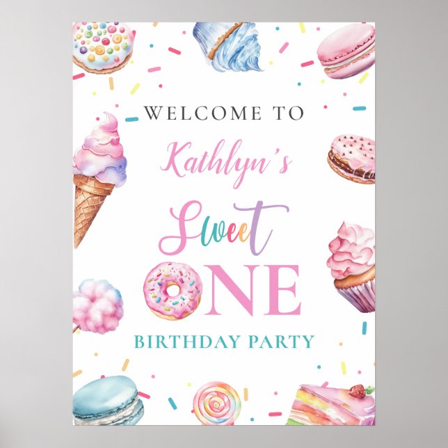 Sweet One Pink Donut Candy 1st Birthday Welcome Poster (Front)