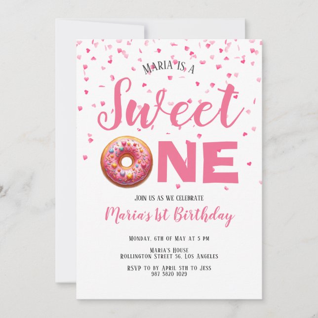 Sweet One Pink Donut Confetti 1st Birthday Invitation (Front)