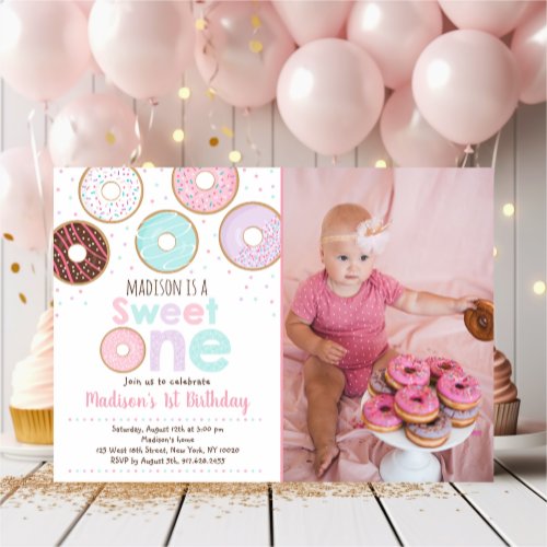 Sweet One Pink Donut First Birthday Invitation