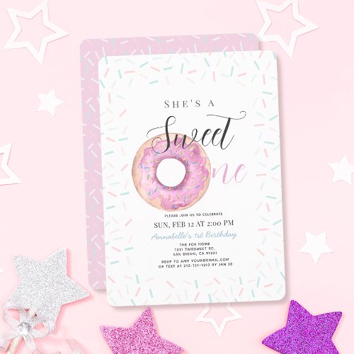 Sweet One Pink Donut Girl 1st Birthday Invitation