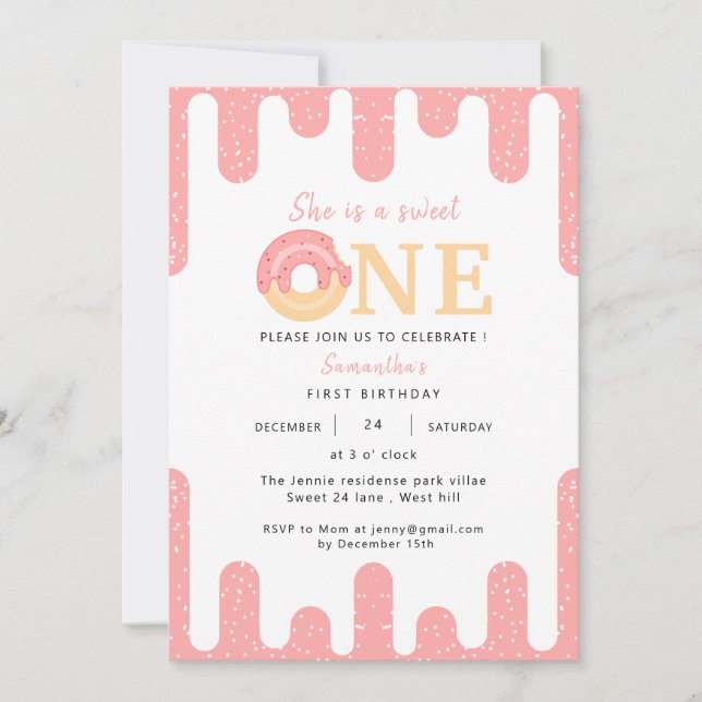 Sweet One Pink Donut Girl 1st Birthday  Invitation (Front)