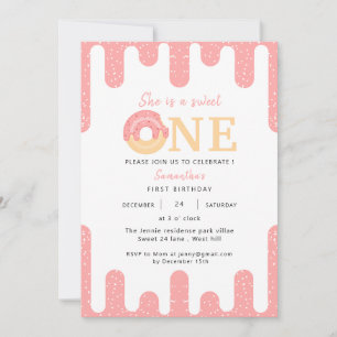 Sweet One Pink Donut Girl 1st Birthday Invitation