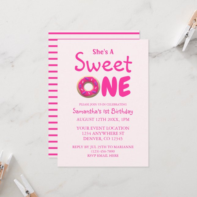 Sweet One Pink Donut Girl 1st Birthday Invitation (Front/Back In Situ)