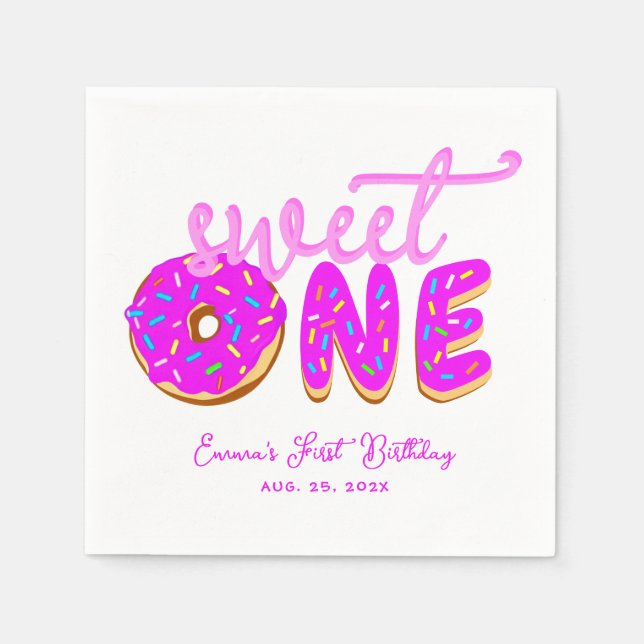 Sweet One Pink Donut Girl First Birthday Sprinkles Napkins (Front)