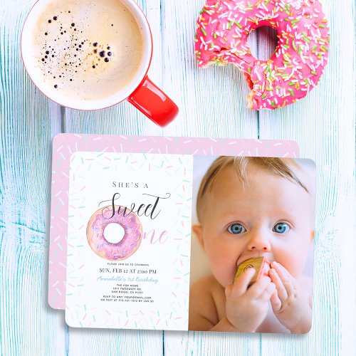 Sweet One Pink Donut Girl Photo 1st Birthday Invitation