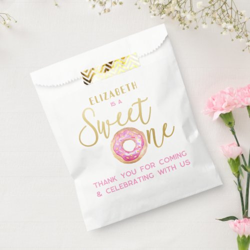 Sweet One Pink Donut Theme 1st Birthday Gold Font Favor Bag