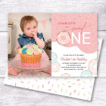 Sweet One Pink Frosting Photo Girl's 1st Birthday Invitation<br><div class="desc">This cute birthday party invitation is designed for a girl's 1st birthday party.  The modern text reads "(Name) is a Sweet ONE" accented with a pink frosted donut and sprinkles and offers a vertical photo for a picture of the birthday girl.</div>