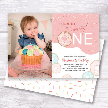 Sweet One Pink Frosting Photo Girl's 1st Birthday Invitation by daisylin712 at Zazzle