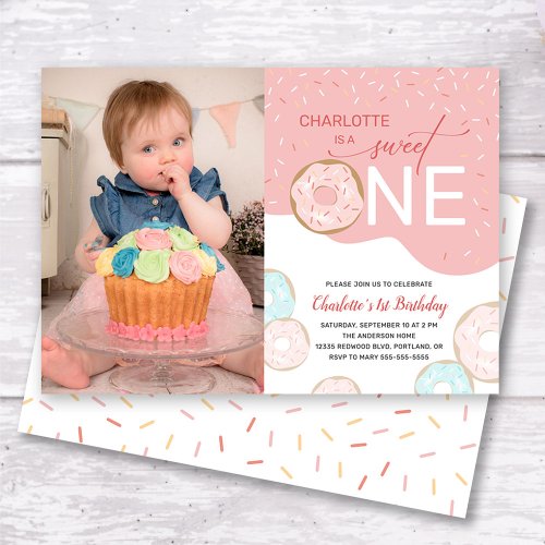 Sweet One Pink Frosting Photo Girls 1st Birthday Invitation