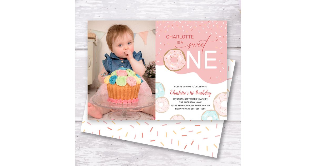 Sweet One Pink Frosting Photo Girl's 1st Birthday Invitation | Zazzle
