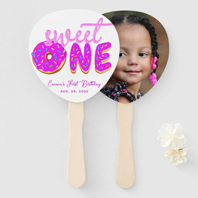 Sweet One Pink Girl First Birthday Donut Sprinkles Hand Fan (Front and Back)