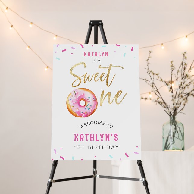 Sweet One Pink Gold Donut First Birthday Welcome Foam Board (In Situ (Stand))