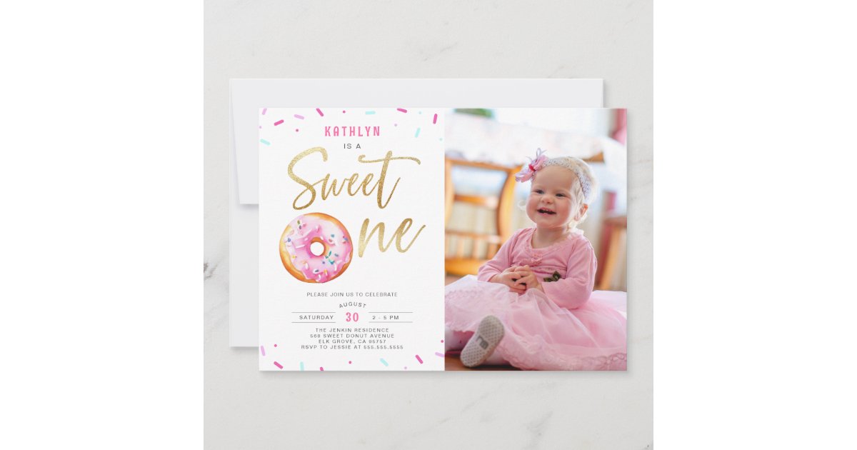 Sweet One Pink Gold Donut Girl 1st Birthday Photo Invitation | Zazzle