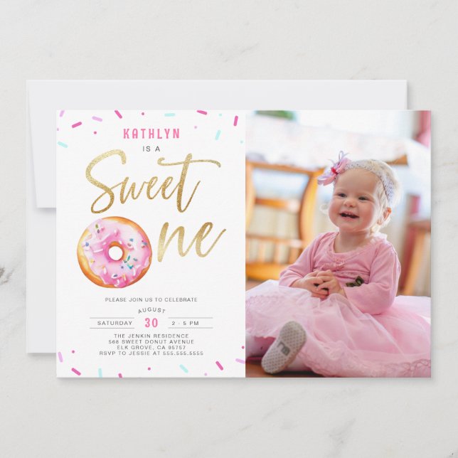 Sweet One Pink Gold Donut Girl 1st Birthday Photo Invitation (Front)