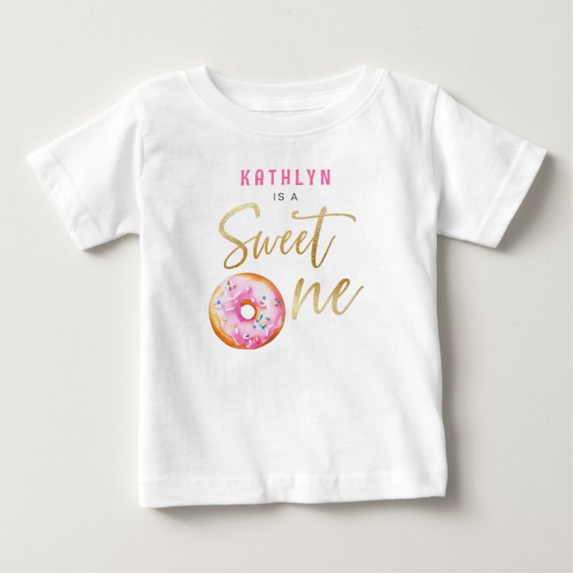 Sweet One Pink Gold Donut Girl First Birthday Baby T-Shirt (Front)