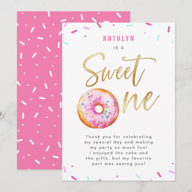 Sweet One Pink Gold Donut Sprinkles First Birthday Thank You Card (Front/Back)