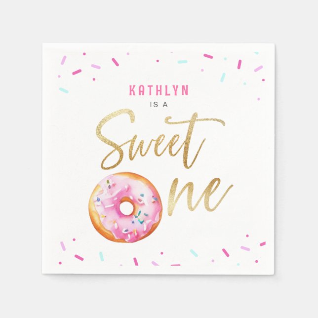 Sweet One Pink Gold Donut Sprinkles Girl Birthday Napkins (Front)