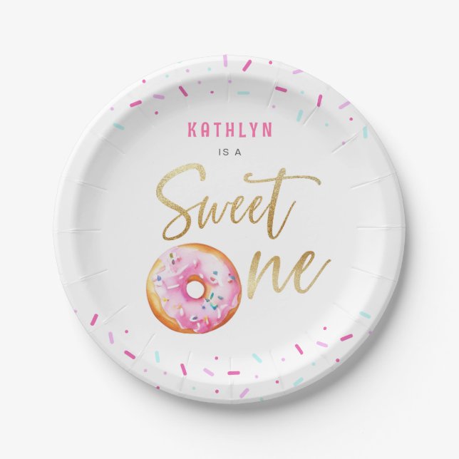 Sweet One Pink Gold Donut Sprinkles Girl Birthday Paper Plates (Front)