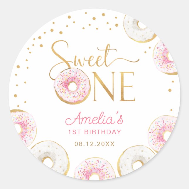 Sweet One Pink Gold Donuts Birthday Classic Round Sticker (Front)