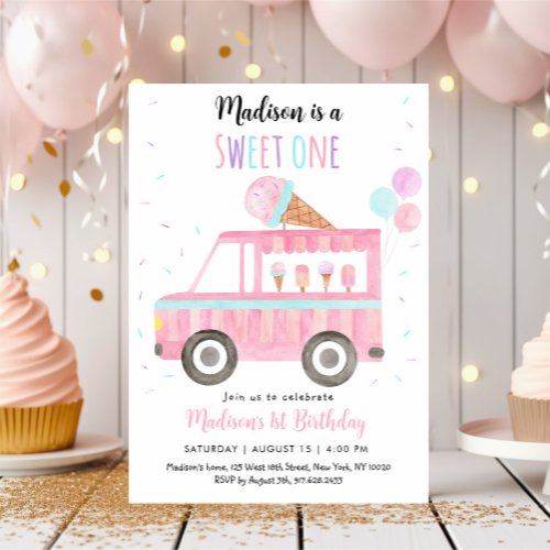 Sweet One Pink Ice Cream Truck Birthday Invitation