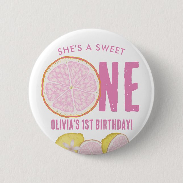 Sweet One Pink Lemon Birthday Party Button (Front)