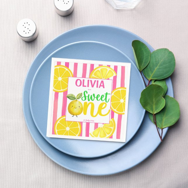 Sweet one pink lemonade birthday party napkins (Sweet one pink lemonade lemons summer girls birthday party personalized printed napkins table decor)