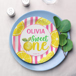 Sweet one pink lemonade birthday party paper plates<br><div class="desc">Sweet one pink lemonade first girls birthday party personalized printed paper plates template,  cute yellow lemon pink border summer first birthday party plates personalized table decor</div>