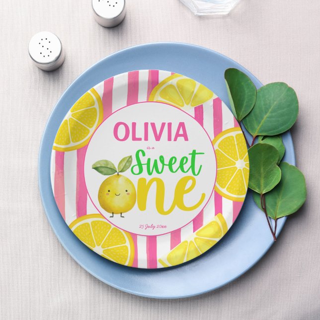 Sweet one pink lemonade birthday party paper plates (Sweet one pink lemonade summer lemon girls birthday party personalized printed paper plates decor)