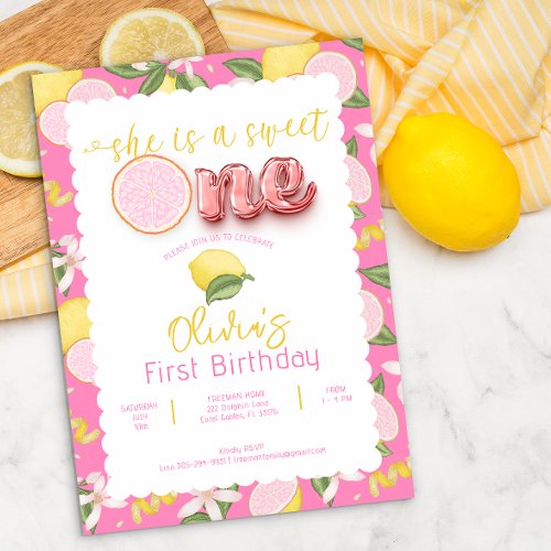 Sweet One Pink Lemonade Summer Birthday Invitation