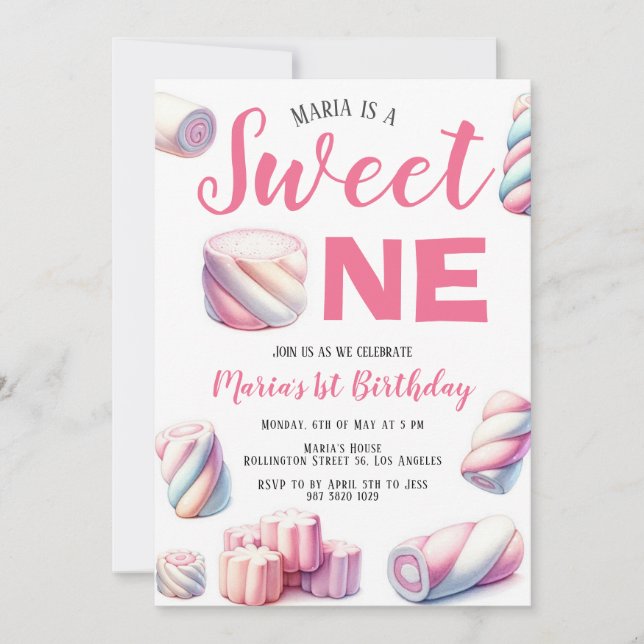 Sweet One Pink Marshmallow 1st Birthday Invitation (Front)