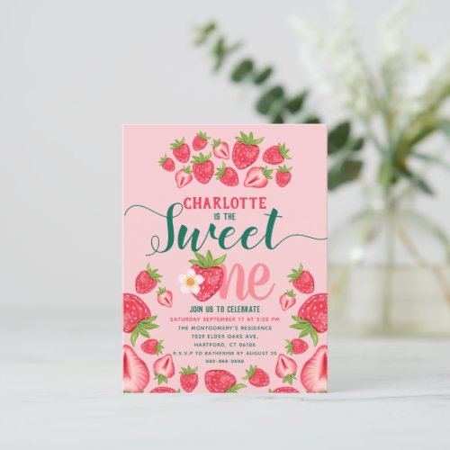 Sweet One Pink Strawberry 1st Birthday Invitation Postcard