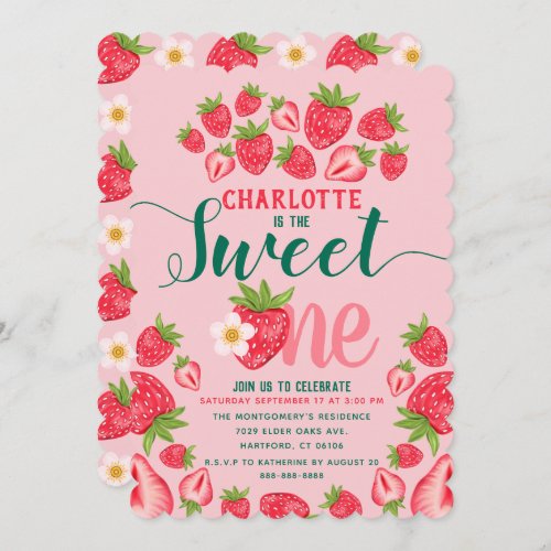 Sweet One Pink Strawberry Cute 1st Birthday Party Invitation