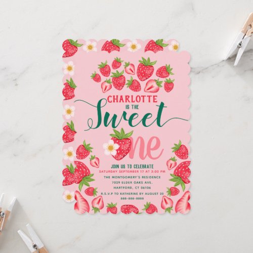 Sweet One Pink Strawberry Cute 1st Birthday Party Invitation