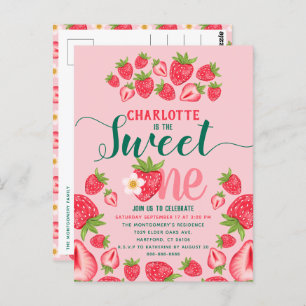 Sweet One Pink Strawberry Cute 1st Birthday Party Postcard