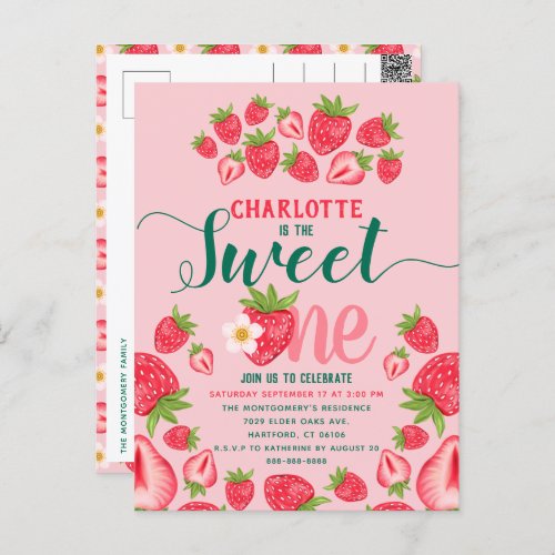Sweet One Pink Strawberry Cute 1st Birthday Party  Postcard