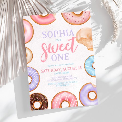 Sweet One Pink Watercolor Donuts 1st Birthday Invitation