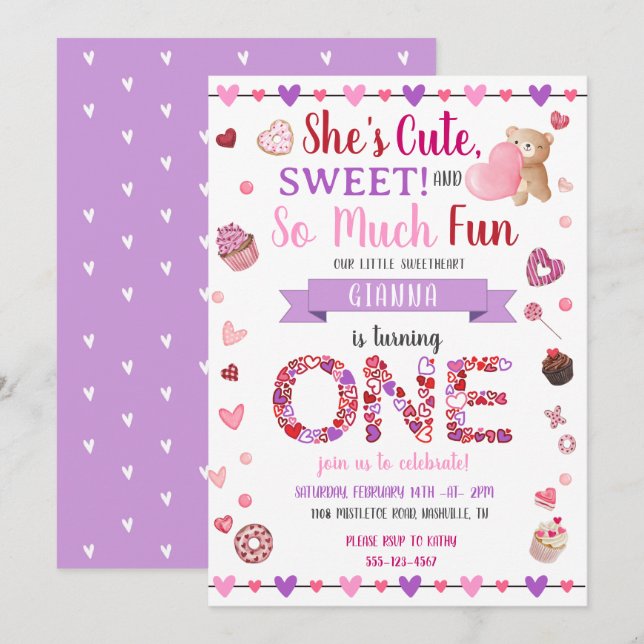 Sweet One Purple 1st Birthday Valentine's Invitation (Front/Back)