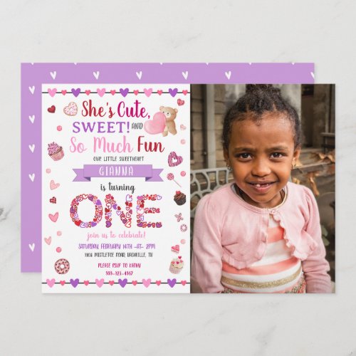 Sweet One Purple 1st Birthday Valentines Photo Invitation