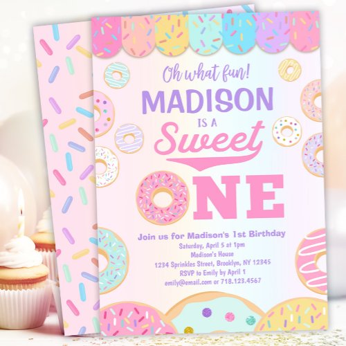 Sweet ONE Rainbow Donut 1st Birthday Invitation