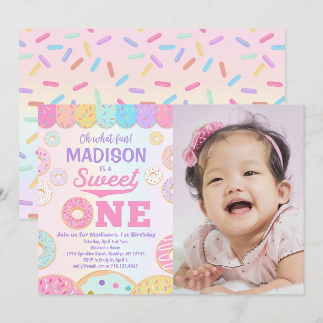 Sweet ONE Rainbow Donut 1st Birthday Photo Invitation (Front/Back)