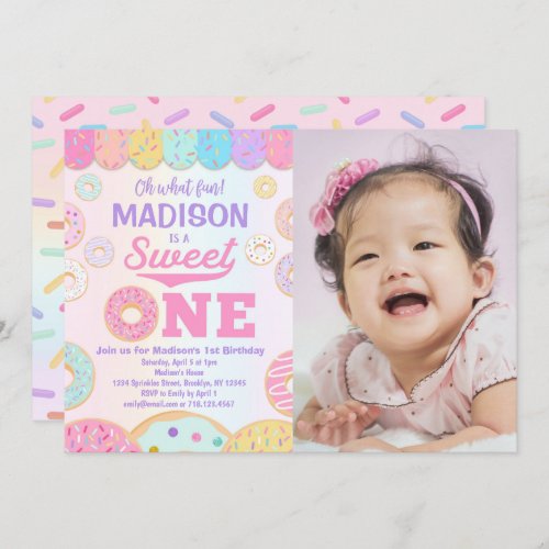 Sweet ONE Rainbow Donut 1st Birthday Photo Invitation