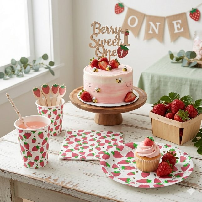 Sweet One Strawberries Buzzing Bees Birthday Party Napkins (Creator Uploaded)